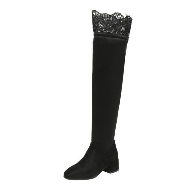 

boots square toe lace-trimmed horseshoe heel frosted flock over the knee thick side zipper soft women's, Black