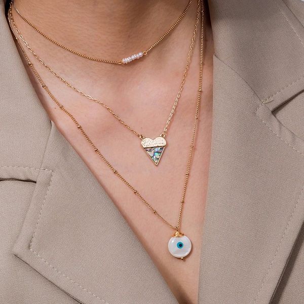 

trendy multi-layer necklace abalone shell peach heart pendant necklace supernatural eye fashion necklaces 2020, Silver