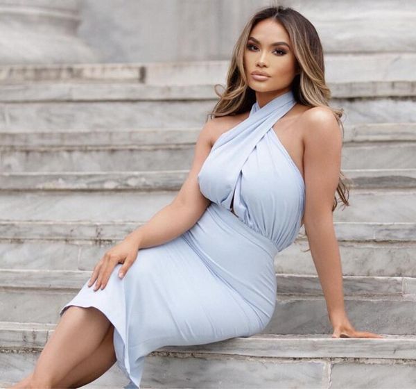 

women backless halter knee length midi summer dress 2020 designer bodycon elegant evening party dress vestido, Black;gray