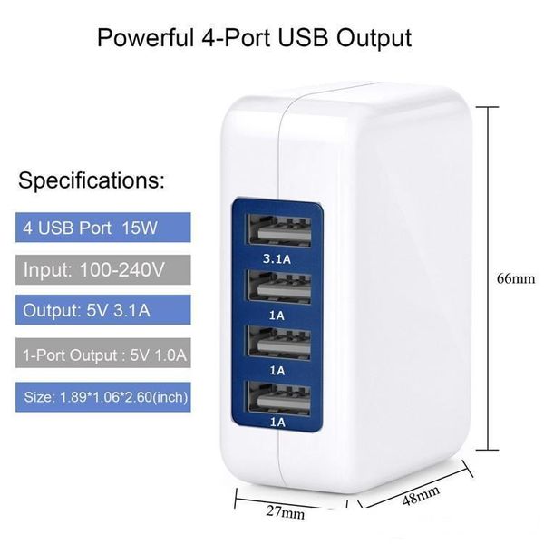 

new 3.1a 15w high speed 4 port usb wall charger portable travel charger power adapter with folding plug for samsung note10 s10 android phone