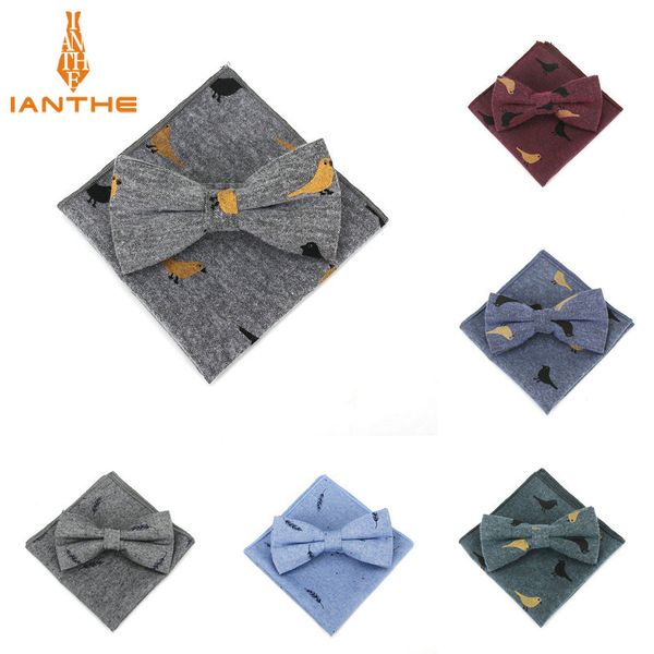 

bow ties 2021 bowknot set classic cotton birds printed cmen butterfly tie bowtie pocket square handkerchief suits leaf neckwear, Black;gray