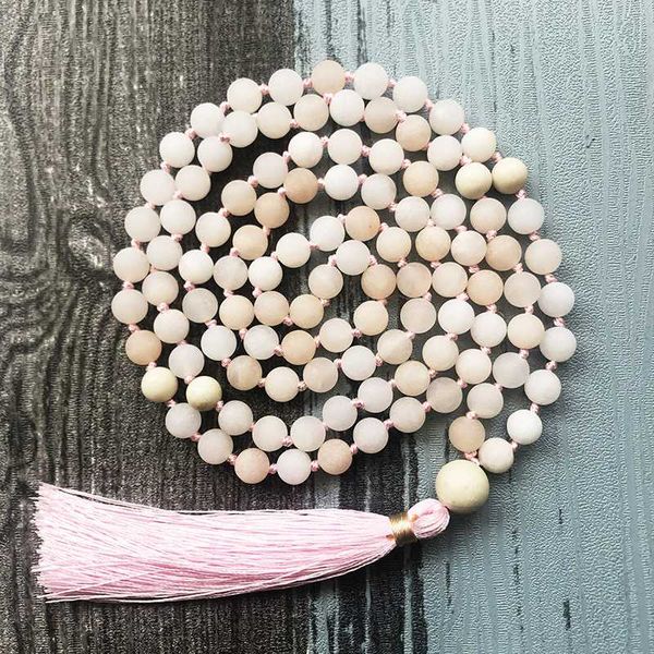 

108 stone matte pink aventurine mala necklace 8mm mala beads hand knotted collier femme boho necklace tassel jewelry for women, Silver
