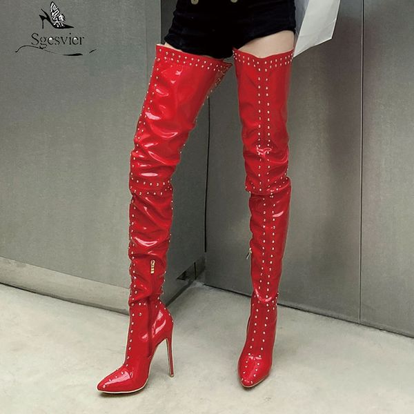 

sgesvier large size 30-48 thigh high boots heels stiletto pu leather rivet over the knee boots party pole dance night club shoes, Black