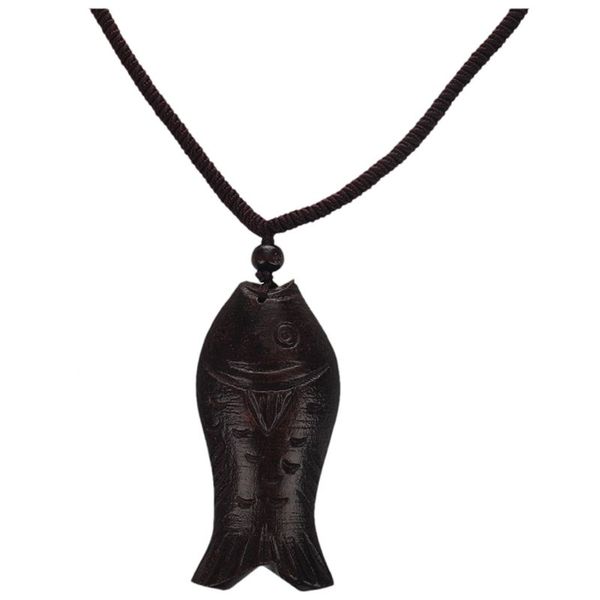 

vintage artificial leather necklace chain wood lucky fish pendant brown, Silver