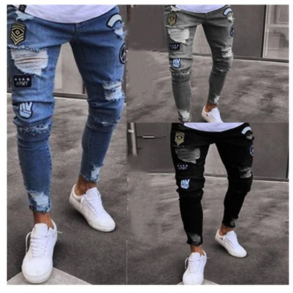 

jeans men 2020 men's hole embroidered jeans slim men trouser casual thin summer denim pants classic cowboys young man black blue