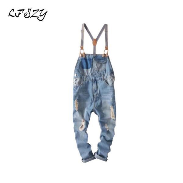

2020 new summer korean version of the denim bib male tide retro hole feet nine points denim siamese suspenders size s-3xl, Blue