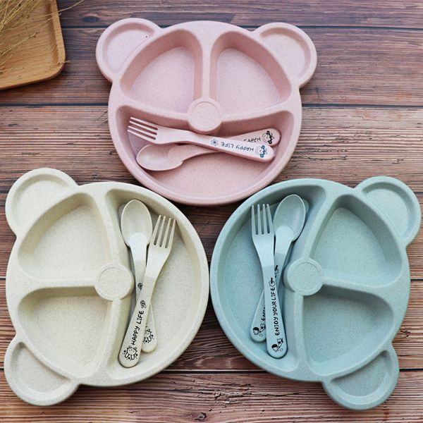 

hipac baby bowl spoon fork feeding food tableware set cartoon bear kids dishes eating dinnerware anti-wheat straw training p, Silver