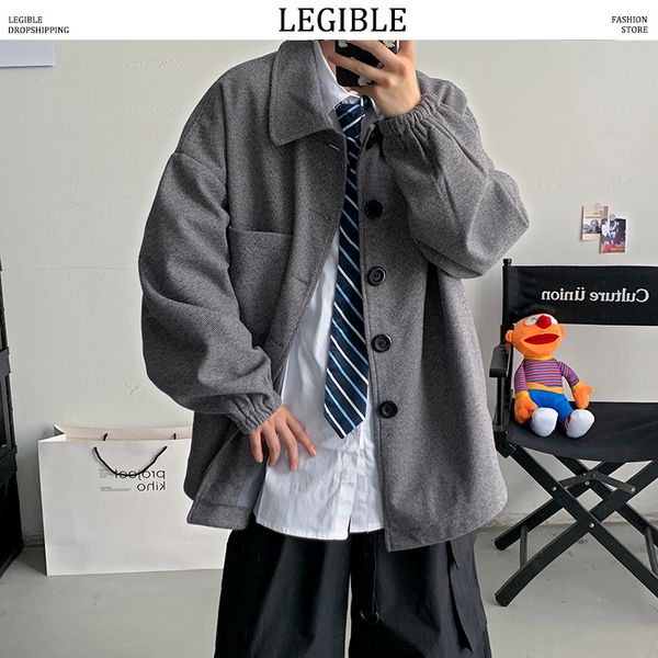 

legible solid wool coat mens winter overcoat turndown collar jackets coats male casual korean button windbreaker, Black
