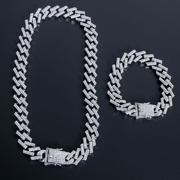 

13mm miami prong gold silver color necklaces cuban chain 2 row full iced out rhinestones chains bracelet mens hip hop jewelry