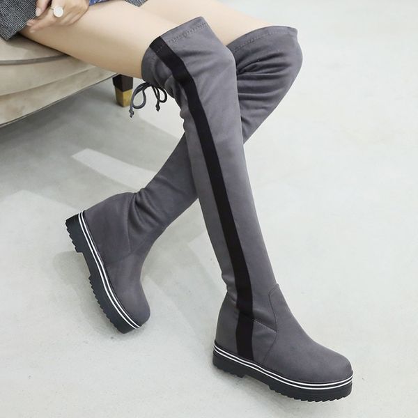 

boots pxelena slim fit over the knee women flock hidden high heels platform slip on thigh female shoes 2021 winter, Black