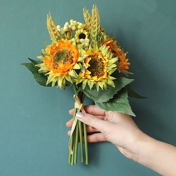 

handmade sunflower bunch with green leaves and grass silk artificial flowers for wedding bridal hand holding flowers