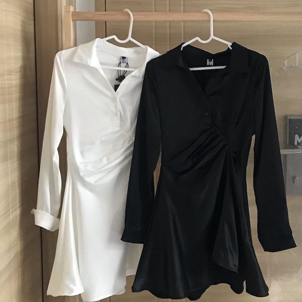 

fbb ming xuanli 2020 new early autumn black and mingxuanli skirt new autumn satin skirt white temperament waist gloss acetic acid satin dres, Black;gray