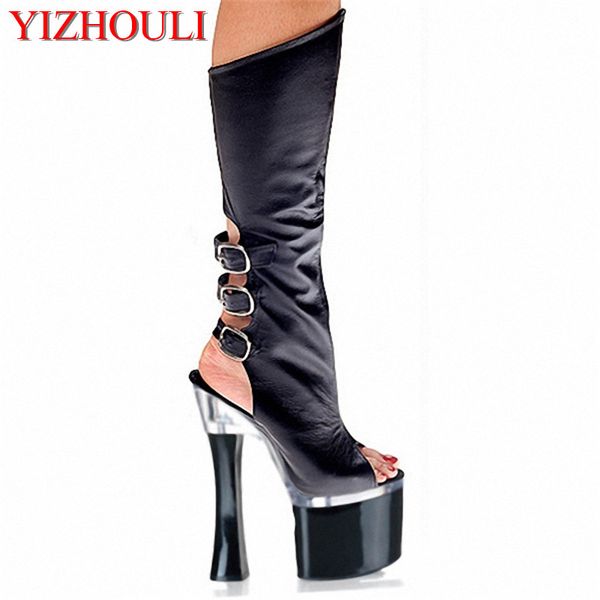 

18cm new arrival classic high heels cool boots open toe high-leg summer boots  inch women's leather platforms shoes, Black
