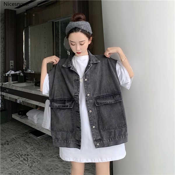 

women's vests women denim vest loose spring autumn student wild lapel single-breasted, Black;white