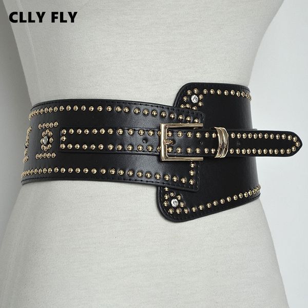 

fashion european style punk rocker wide belts for women elastic wide rivets corset leather belts metal pin buckle waistband, Black;brown