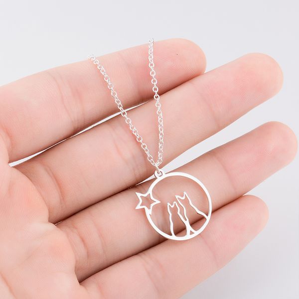 

pendant necklaces womens pentagram stainless steel gold cat couple pendants woman accessories fashion 2021 jewelry on the neck, Silver