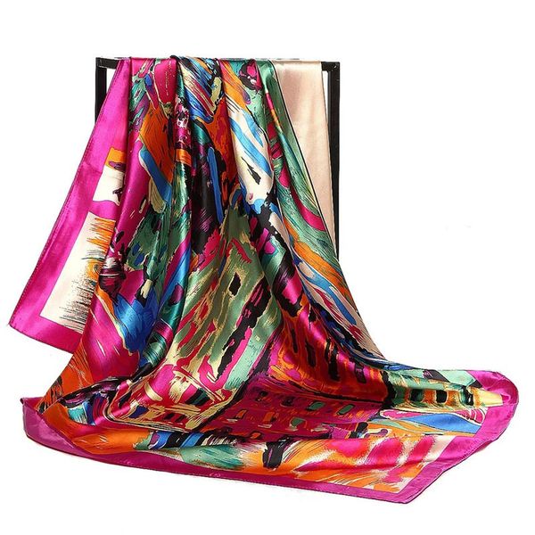 

silk scarf women print hair neck square scarves office ladies shawl bandanna 90*90cm muslim hijab handkerchief muffler foulard t200910, Blue;gray