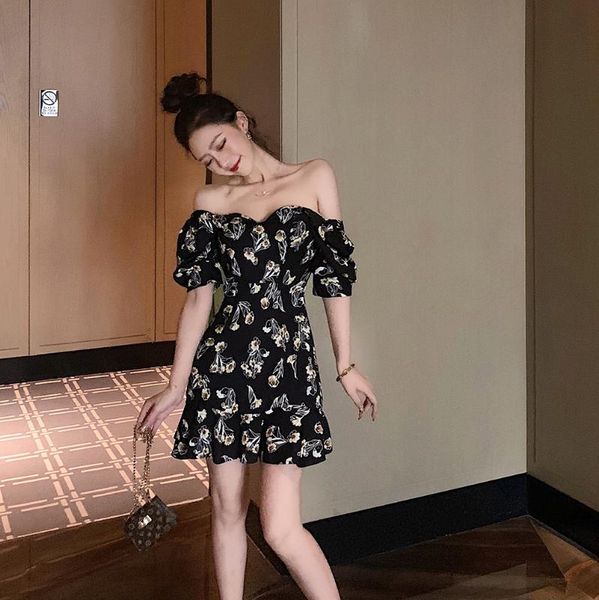 

summer dress 2020 retro boho women tie neck floral print floral mini white dress puff sleeve korean vestidos, Black;gray