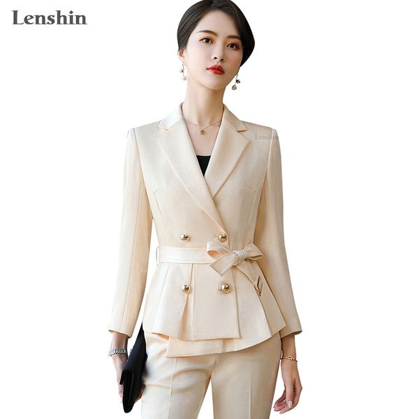 

lenshin high-quality ruffled 2 piece solid suit set for women business office lady work wear formal elegant beige pant suits, White
