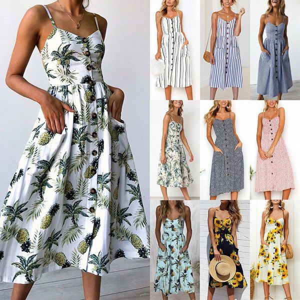 

vintage casual sundress female beach dress midi button backless polka dot striped women dress summer 2020 boho floral, Black;gray