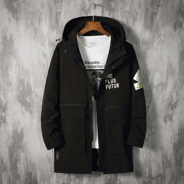 

men's trench coats plus size solid army green black hooded mens jackets 2021 autumn winter casual zipper male big pockets, Tan;black