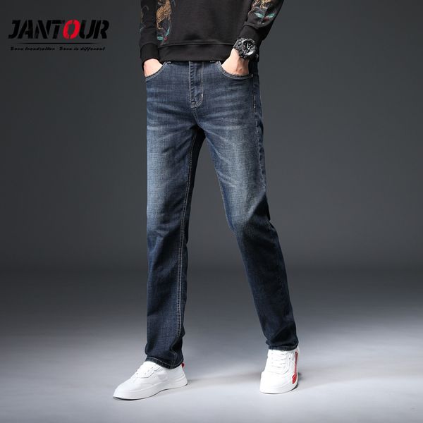 

men's jeans 2021 autumn winter stretch-fit straight thick business retro casual fashion denim trousers male blue pants 28-40