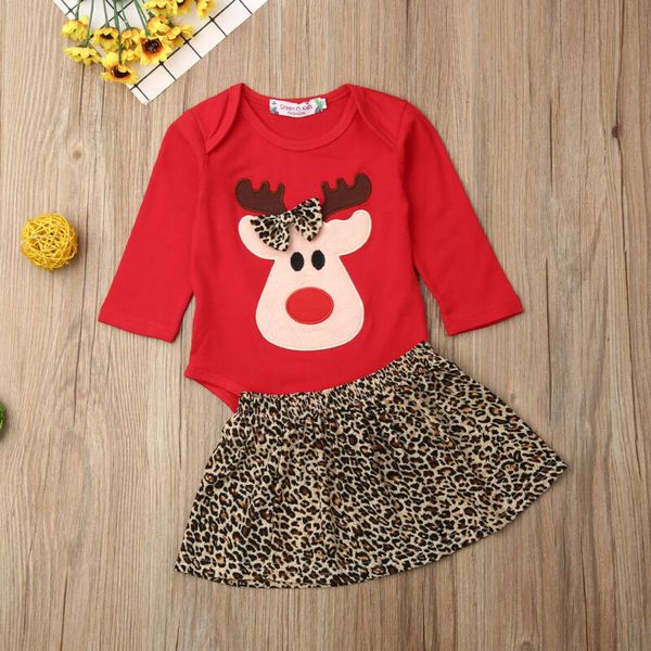 

christmas baby girl bowknot deer bodysuits leopard print skirt xmas outfit set, White