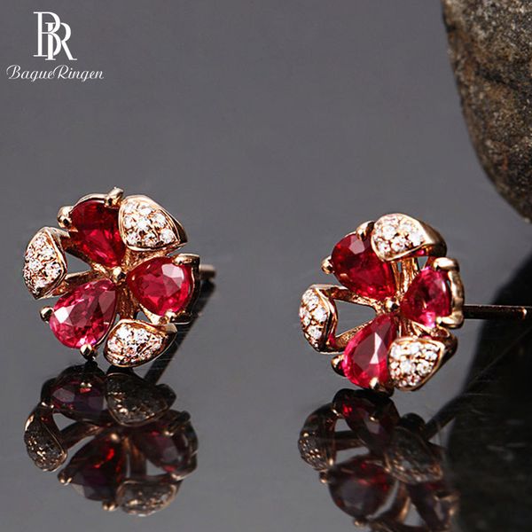 

stud bague ringen sweet flower shaped gemstone earrings for women clover silver 925 jewelry with ruby rose gold color earstuds female, Golden;silver