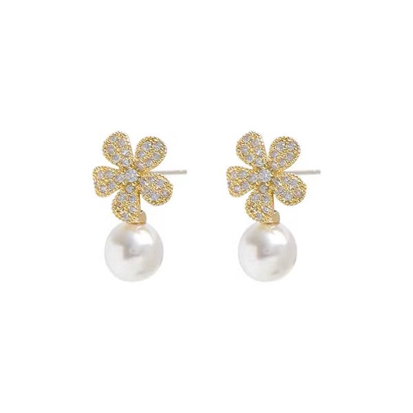 

real gold-plated korean dongdaemun with the same micro-inlaid hazelite flowers pearl earrings earrings small, Silver