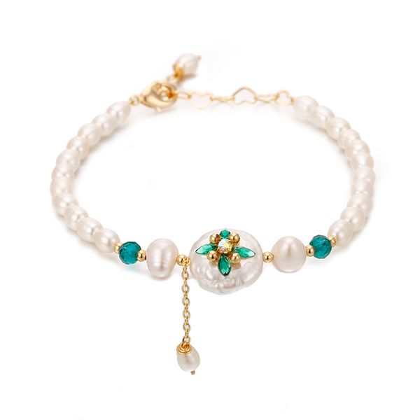 

original handmade 14k gold baroque natural freshwater pearl green crystal ladies bracelet jewelry for women gift, Golden;silver