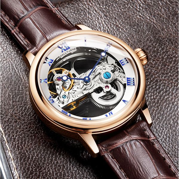 

wristwatches fashion skeleton tourbillon mechanical watch men leather hollow business automatic wrist male clock, Slivery;brown