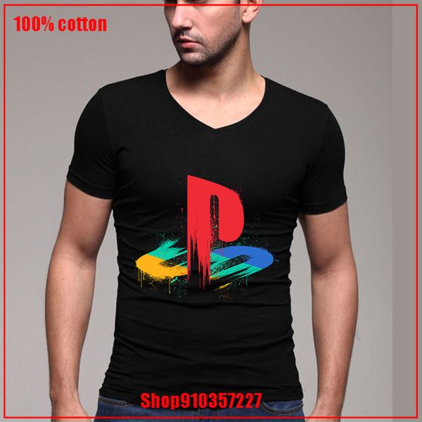 

playstation ps splash summer t- shirt new men's v neck tee shirt slim fit short sleeve casual t-shirt cotton