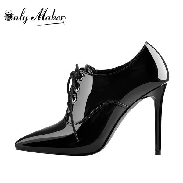 

onlymaker 2020 women's 10cm high heel pointed toe lace-up stiletto black patent leather pumps boots plus size us5~us15