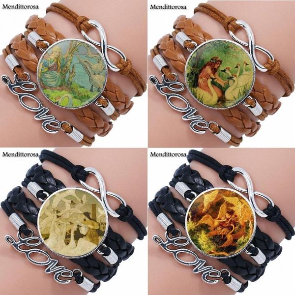 

wild swans story for women christmas gift antique vintage glass multilayer black/brown leather bracelet bangle women jewelry, Golden;silver