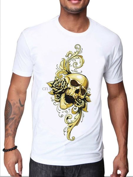 

mens white t-shirt with arty golden skull with rose through mouth print