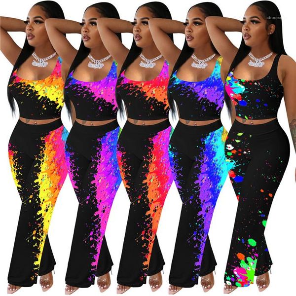 

дизайнерские костюмы sexy рукава танков вершина и брюки широкого покроя повседневная мода женщина 2 piece set tie dye женщины, Gray