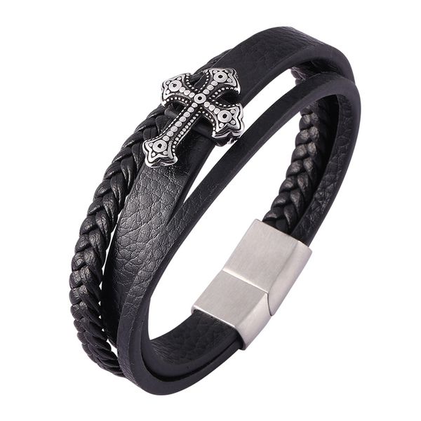 

fashion black braided leather cross bracelet punk stainless steel magnet buckle multilayer bracelets bangles men jewelry c0442, Golden;silver
