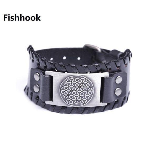 

tennis fishhook amulet vicca blind drop large stock flower of life religion black leather bracelet gift for man jewelry, Golden;silver