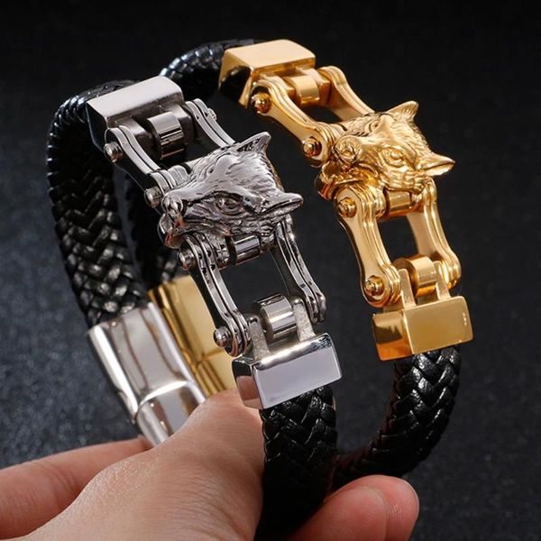 

charm bracelets punk men bracelet stainless steel wolf head leather bracelets&bangles charming rope handmade chain, Golden;silver