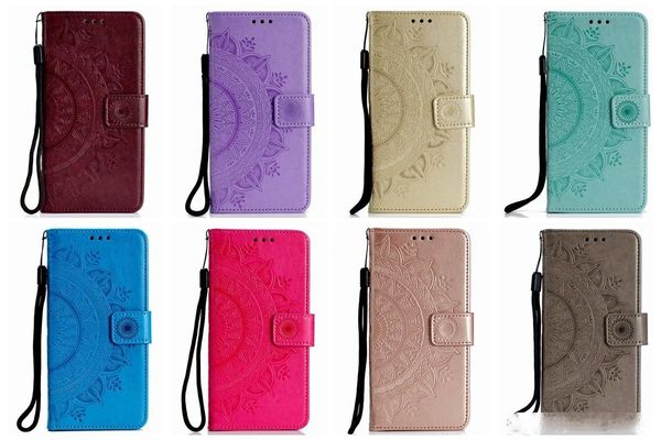 

imprint datura flower leather wallet case for iphone 11 xr xs max x 8 7 6 galaxy s20 a51 a71 embossed totem lace card mandala flip cover