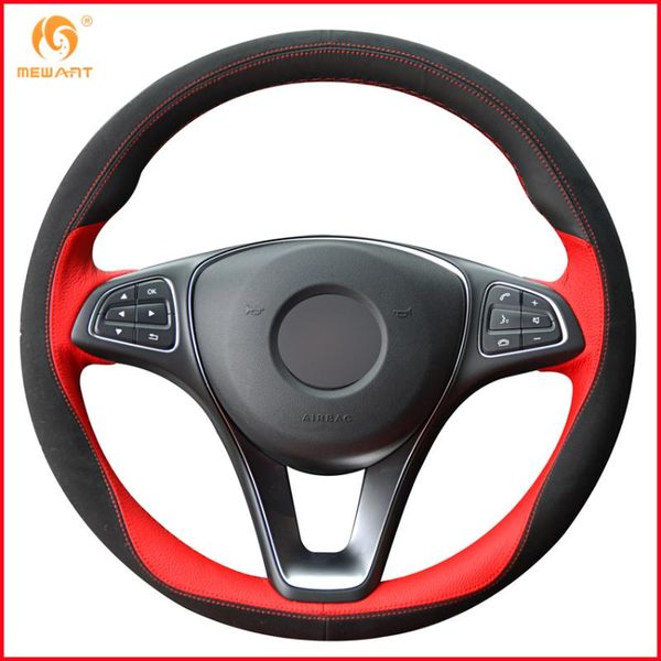 

mewant red black leather black suede car steering wheel cover for c180 c200 c260 c300 b200 interior accessories