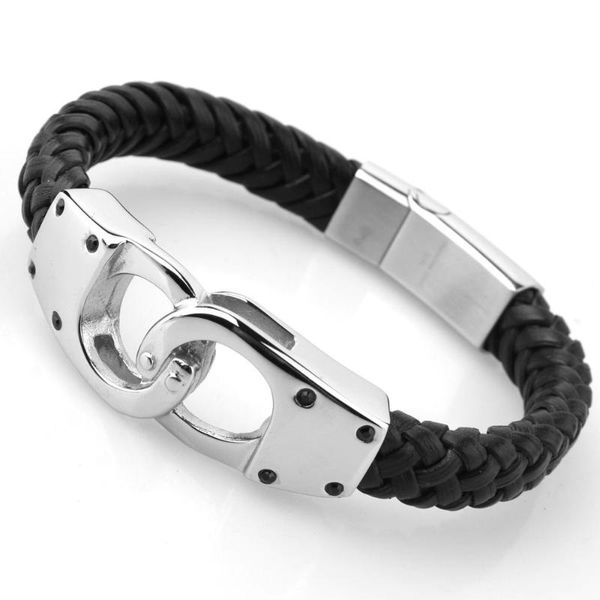 

charm bracelets black genuine leather vintage braided cuff trendy handcuffs stainless steel men bangles sporty jewelry, Golden;silver