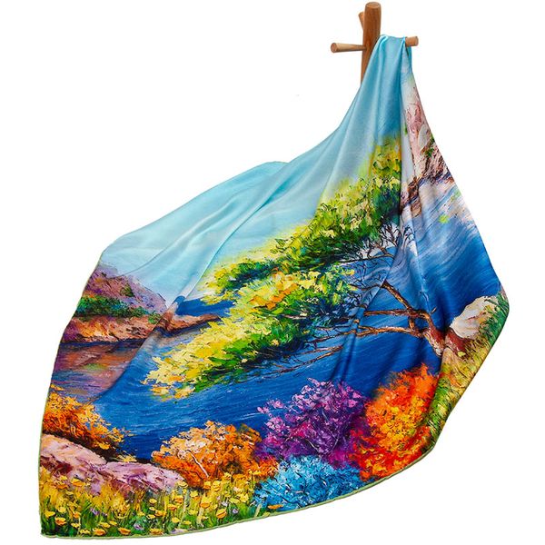 

scarves 100% pure silk scarf women seaside tree hijab female hair square head neck bandana for, Blue;gray