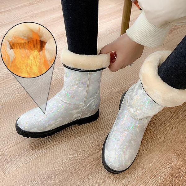 

plus size 34-50 winter boots women warm snow ankle boot female white ladies shoes plush insole height increasing shoes for woman, Black