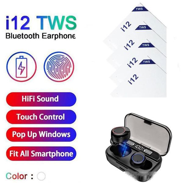 

i12 tws bluetooth 5.0 headphones sport sweatproof bt5.0 earbuds for iphone in-ear wireless earphone hifi sound factory wholesale a3 chips