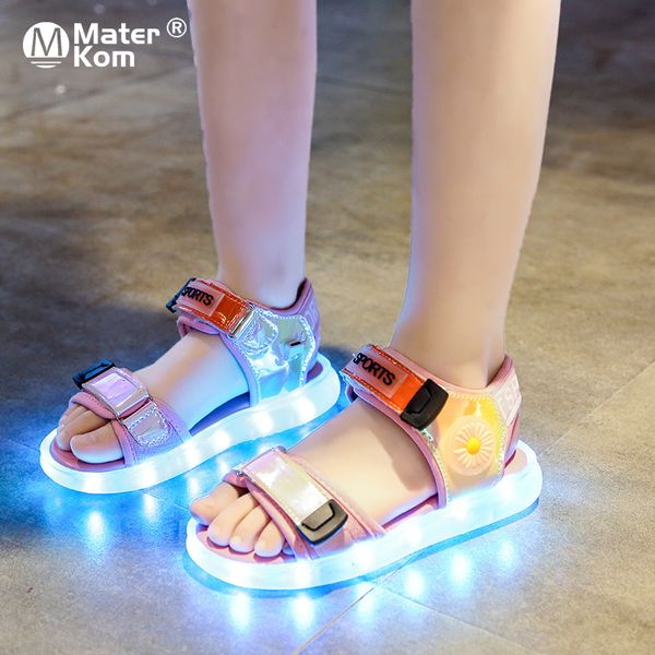 

size 25-36 girls usb charging glowing casual shoes boys led light up shoes children non-slip sandals luminous sandals, Black;red