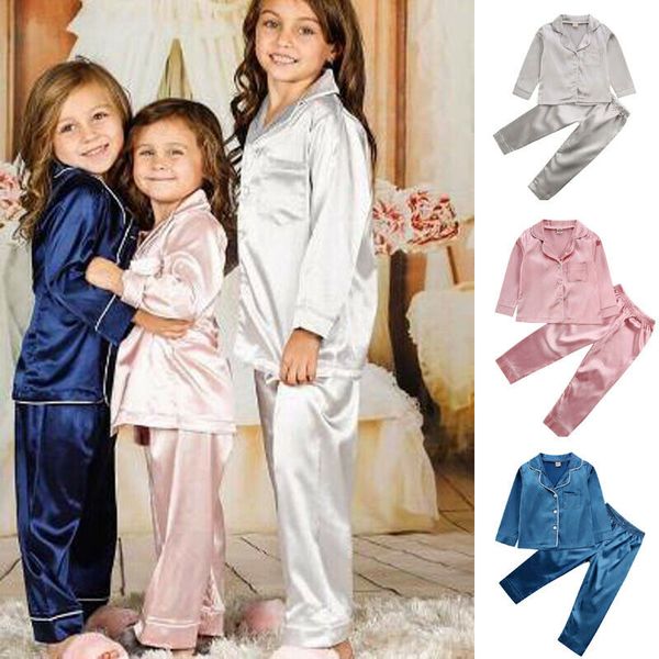 

children baby kid girls satin solid color pyjama set langarm button-down collar button decro sleep suit, Blue;red