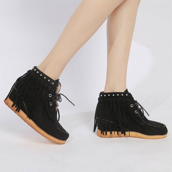 

women rivet ankle boots 2020 autumn winter women's tassel wedge ladies sewing footwear woman flock female lace up shoe plus size, Black
