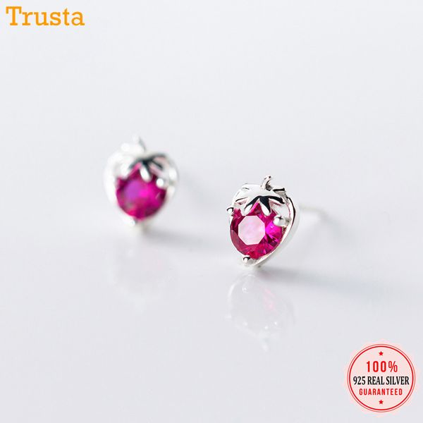 

trustdavis 925 sterling silver sweet dazzling pink cz strawberry stud earrings for women girl's sterling silver jewelry ds206, Golden;silver