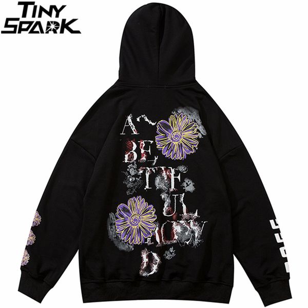 

2020 mens streetwear hip hop hoodie sweatshirt daisy flower pullover harajuku autumn winter floral black cotton sweat shirt